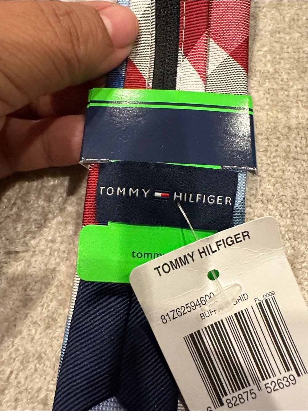 Tommy Hilfiger Red, Blue and Gray Plaid Silk Tie